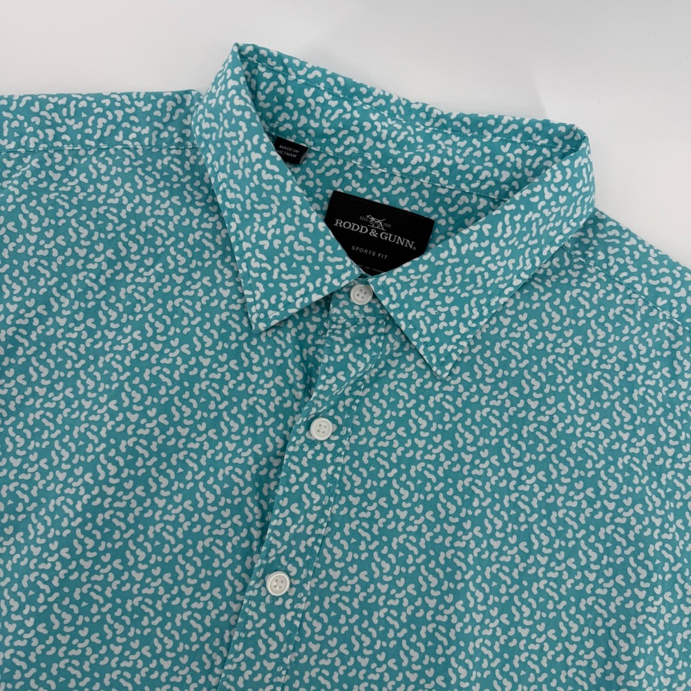 Rodd & Gunn Button Up Shirt Mens 2XL Teal Abstract Print Short Sleeve Sports Fit